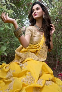 Yellow Tissue Silk Embroidered Wedding Wear Saree
