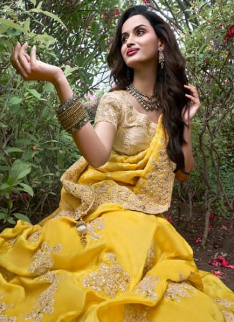 Yellow Tissue Silk Embroidered Wedding Wear Saree