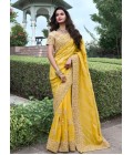 Yellow Tissue Silk Embroidered Wedding Wear Saree