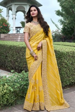 Yellow Tissue Silk Embroidered Wedding Wear Saree