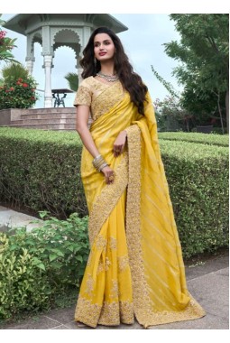 Yellow Tissue Silk Embroidered Wedding Wear Saree