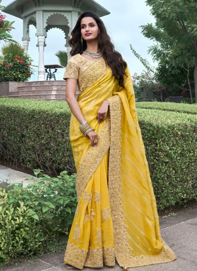 Yellow Tissue Silk Embroidered Wedding Wear Saree