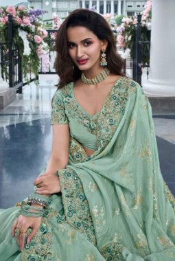 Sea Green Tissue Silk Real Mirror Wedding Wear Saree
