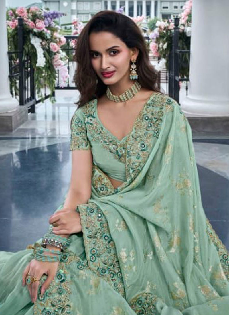 Sea Green Tissue Silk Real Mirror Wedding Wear Saree