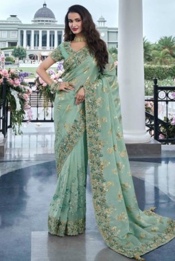 Sea Green Tissue Silk Real Mirror Wedding Wear Saree