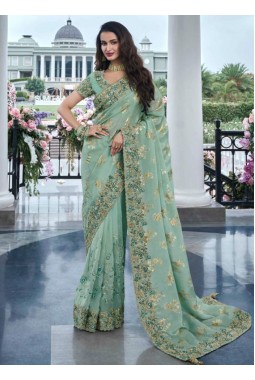 Sea Green Tissue Silk Real Mirror Wedding Wear Saree