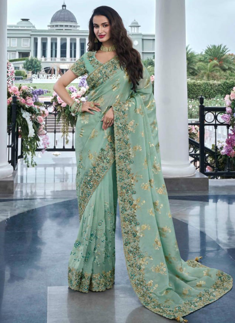 Sea Green Tissue Silk Real Mirror Wedding Wear Saree