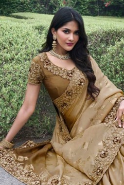 Mehndi Tissue Silk Stone Embroidered Wedding Wear Saree