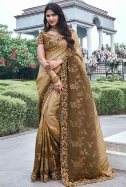 Mehndi Tissue Silk Stone Embroidered Wedding Wear Saree
