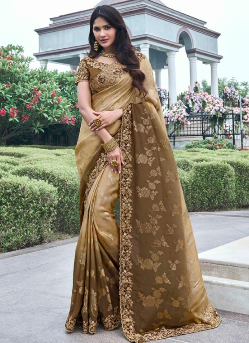 Mehndi Tissue Silk Stone Embroidered Wedding Wear Saree