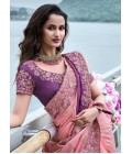 Pink And Purple Tissue Silk Pearl Embroidered Wedding Wear Saree