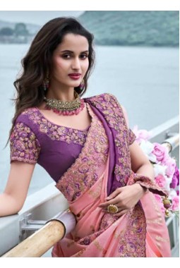 Pink And Purple Tissue Silk Pearl Embroidered Wedding Wear Saree