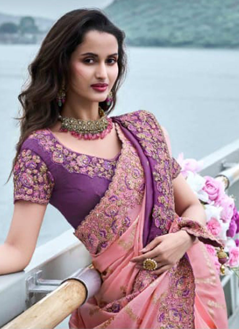 Pink And Purple Tissue Silk Pearl Embroidered Wedding Wear Saree