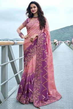 Pink And Purple Tissue Silk Pearl Embroidered Wedding Wear Saree