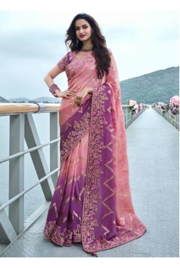 Pink And Purple Tissue Silk Pearl Embroidered Wedding Wear Saree