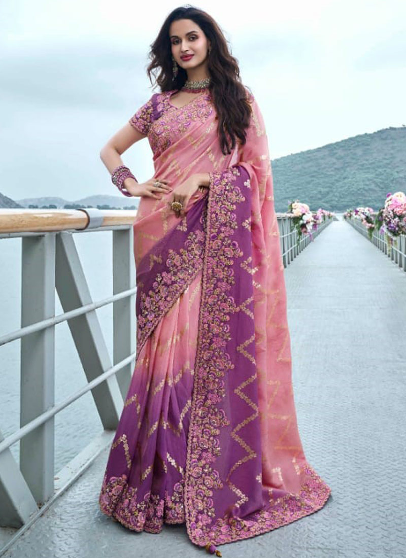 Pink And Purple Tissue Silk Pearl Embroidered Wedding Wear Saree