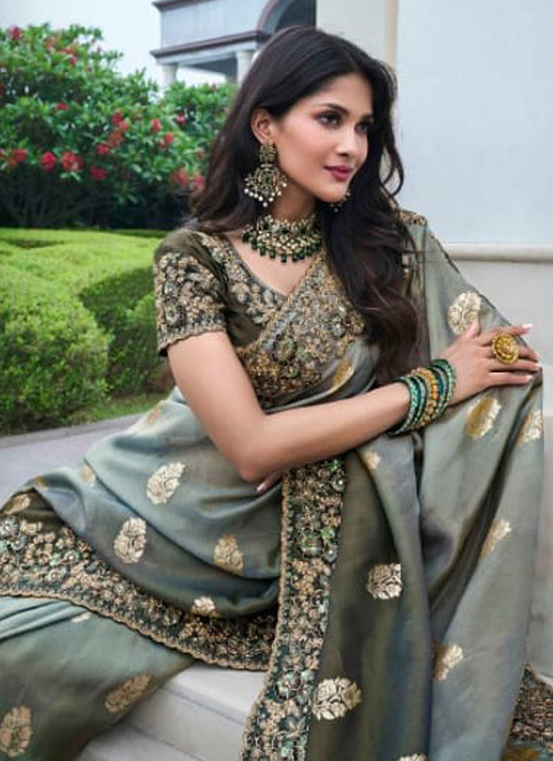 Green Tissue Silk Zari Embroidered Wedding Wear Saree