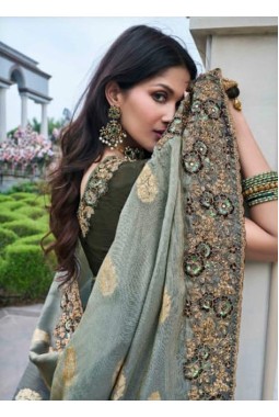 Green Tissue Silk Zari Embroidered Wedding Wear Saree