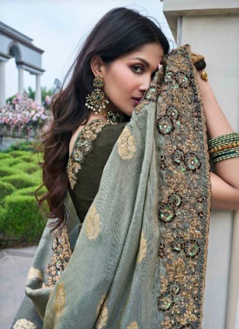 Green Tissue Silk Zari Embroidered Wedding Wear Saree