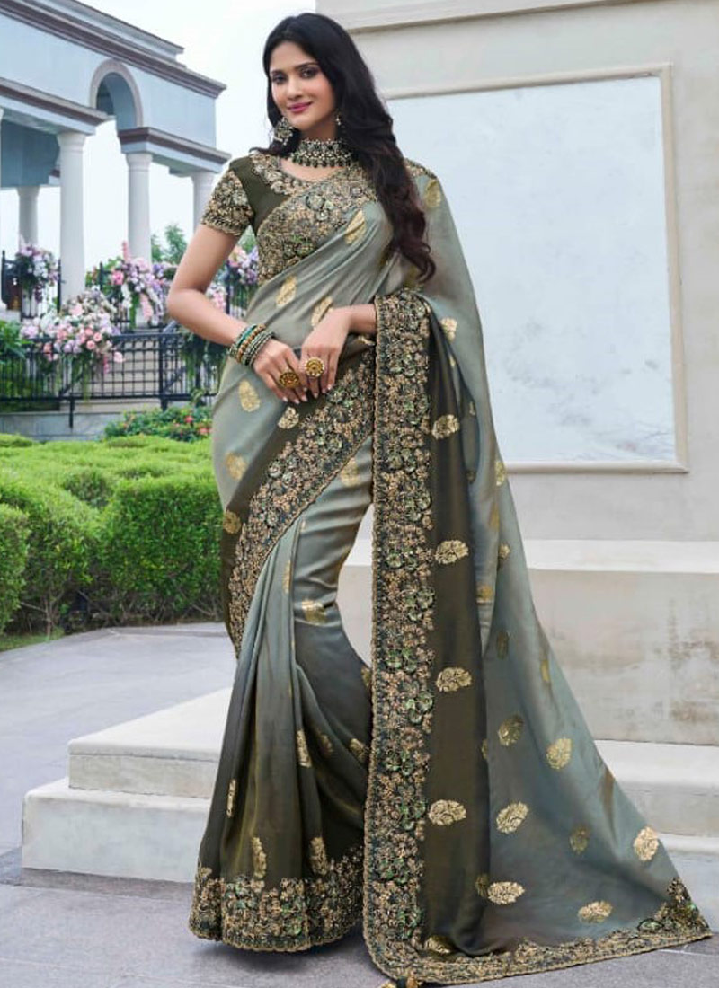 Green Tissue Silk Zari Embroidered Wedding Wear Saree