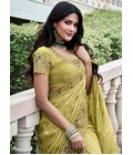 Green Tissue Silk Embroidered Wedding Wear Saree