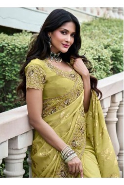 Green Tissue Silk Embroidered Wedding Wear Saree