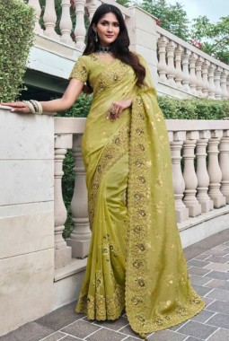 Green Tissue Silk Embroidered Wedding Wear Saree