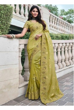 Green Tissue Silk Embroidered Wedding Wear Saree