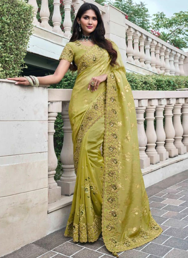 Green Tissue Silk Embroidered Wedding Wear Saree