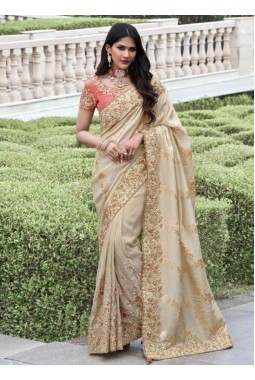 Beige Tissue Silk Real Mirror Work Wedding Wear Saree