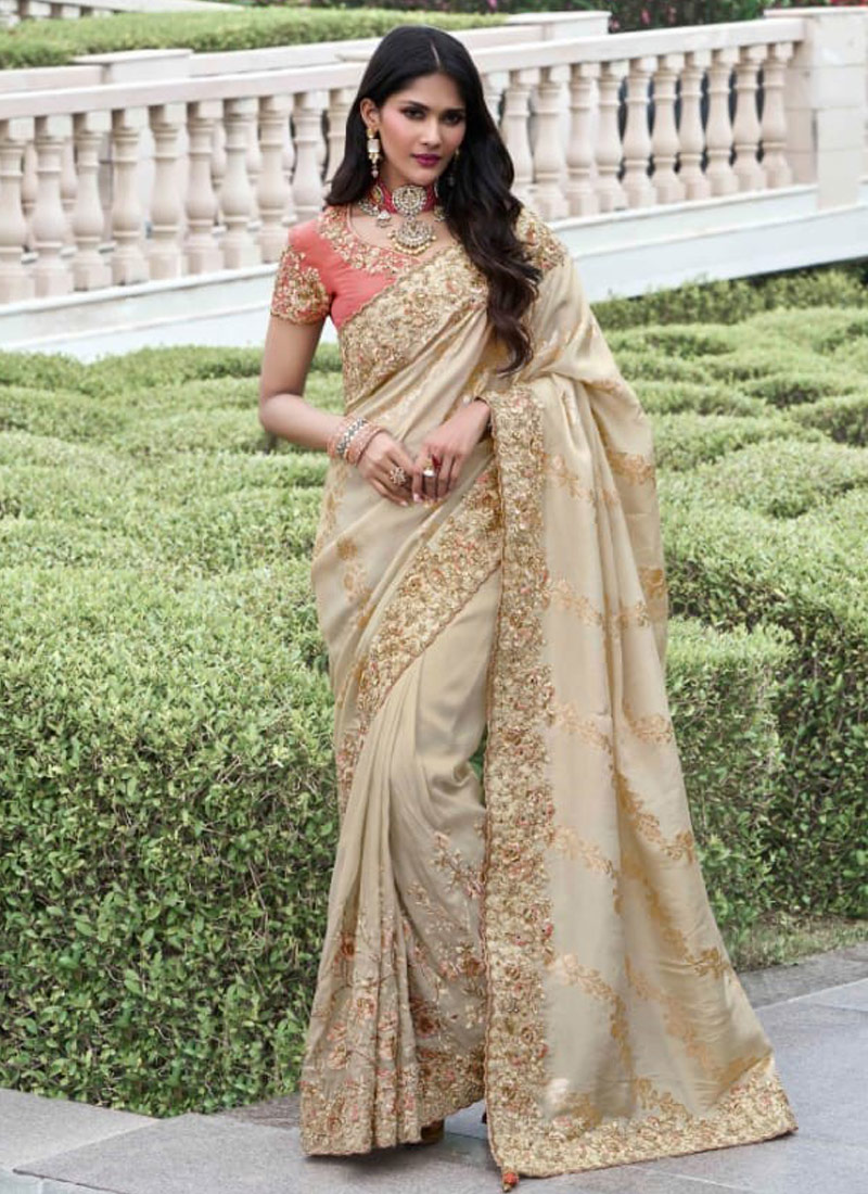 Beige Tissue Silk Real Mirror Work Wedding Wear Saree