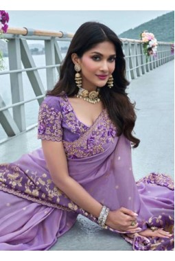 Lavender Tissue Silk Stone Embroidered Wedding Wear Saree