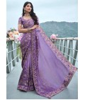 Lavender Tissue Silk Stone Embroidered Wedding Wear Saree