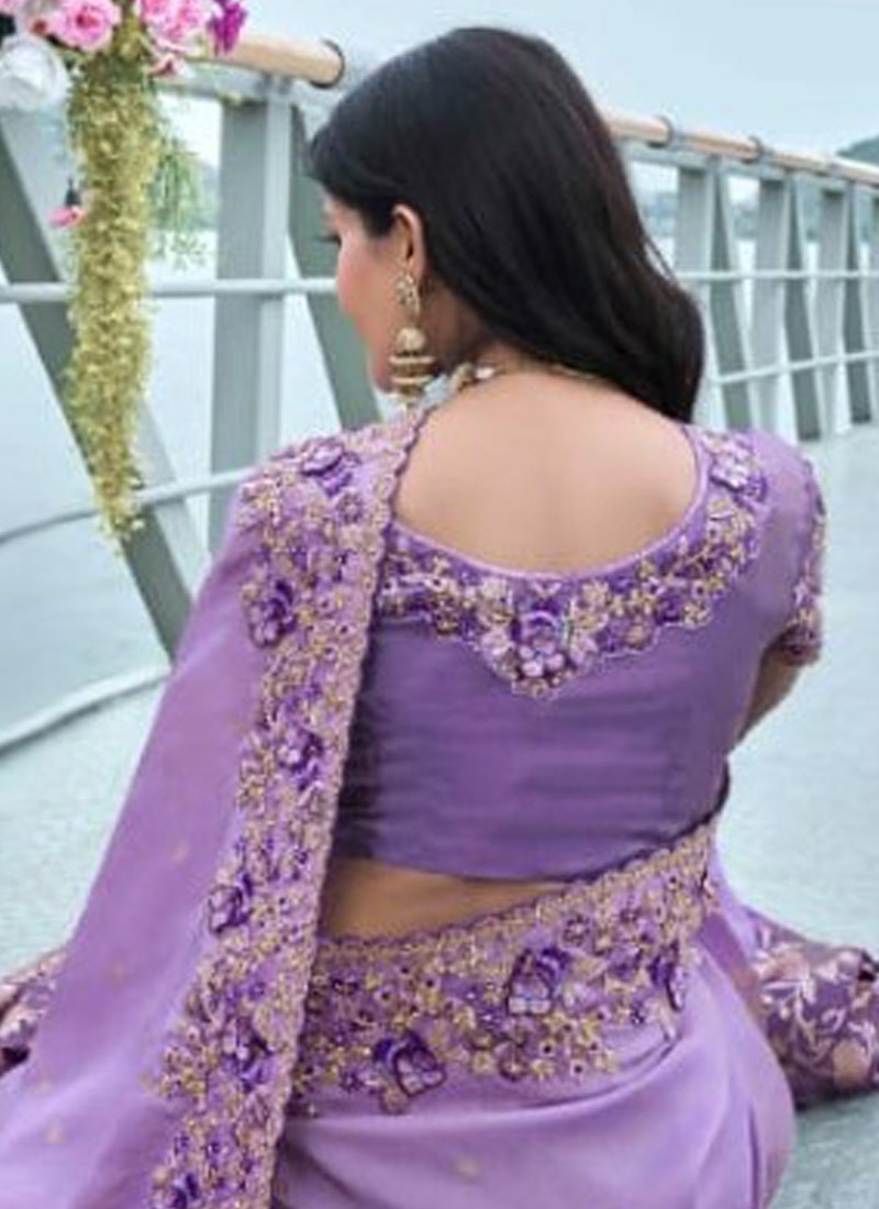 Lavender Tissue Silk Stone Embroidered Wedding Wear Saree