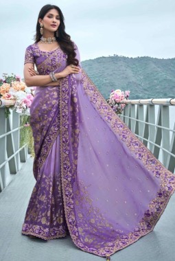 Lavender Tissue Silk Stone Embroidered Wedding Wear Saree