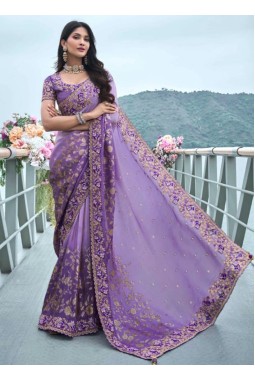 Lavender Tissue Silk Stone Embroidered Wedding Wear Saree
