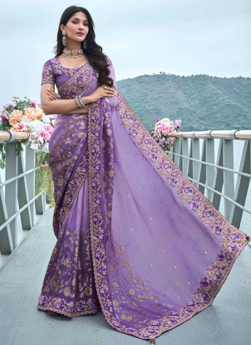 Lavender Tissue Silk Stone Embroidered Wedding Wear Saree