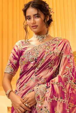 Pink Pure Giraffe Viscose Silk Heavy Work Wedding Saree