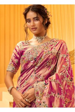 Pink Pure Giraffe Viscose Silk Heavy Work Wedding Saree