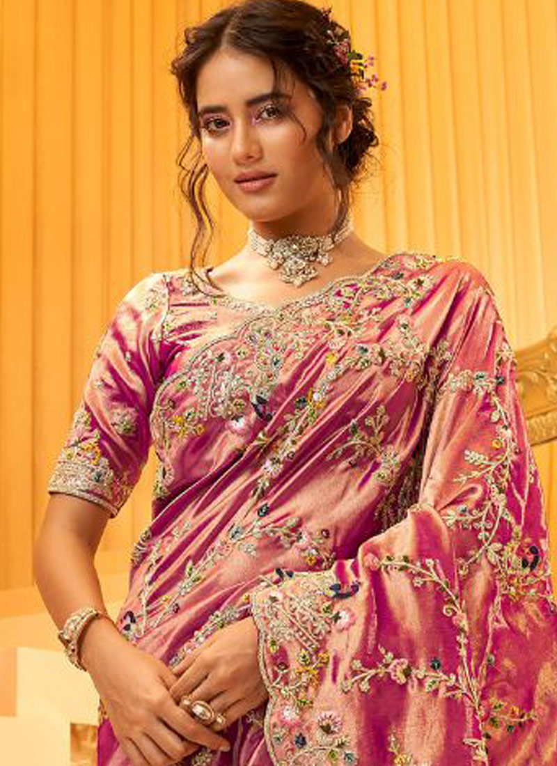 Pink Pure Giraffe Viscose Silk Heavy Work Wedding Saree