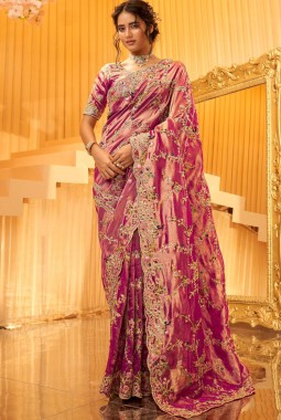 Pink Pure Giraffe Viscose Silk Heavy Work Wedding Saree