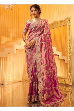 Pink Pure Giraffe Viscose Silk Heavy Work Wedding Saree