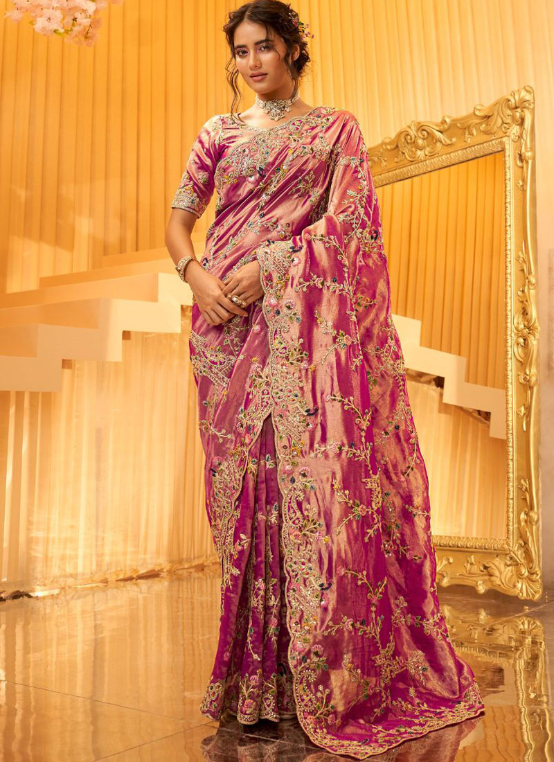 Pink Pure Giraffe Viscose Silk Heavy Work Wedding Saree