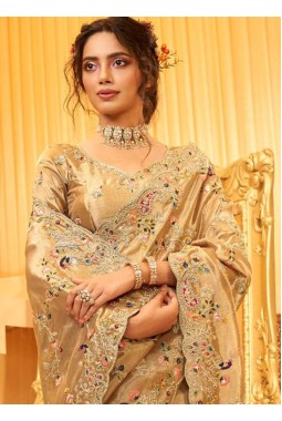 Golden Pure Giraffe Viscose Silk Heavy Work Wedding Saree