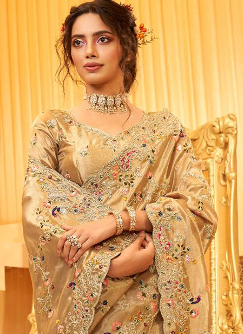 Golden Pure Giraffe Viscose Silk Heavy Work Wedding Saree