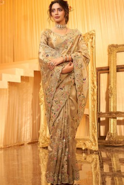 Golden Pure Giraffe Viscose Silk Heavy Work Wedding Saree