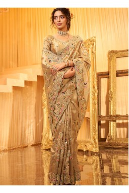 Golden Pure Giraffe Viscose Silk Heavy Work Wedding Saree