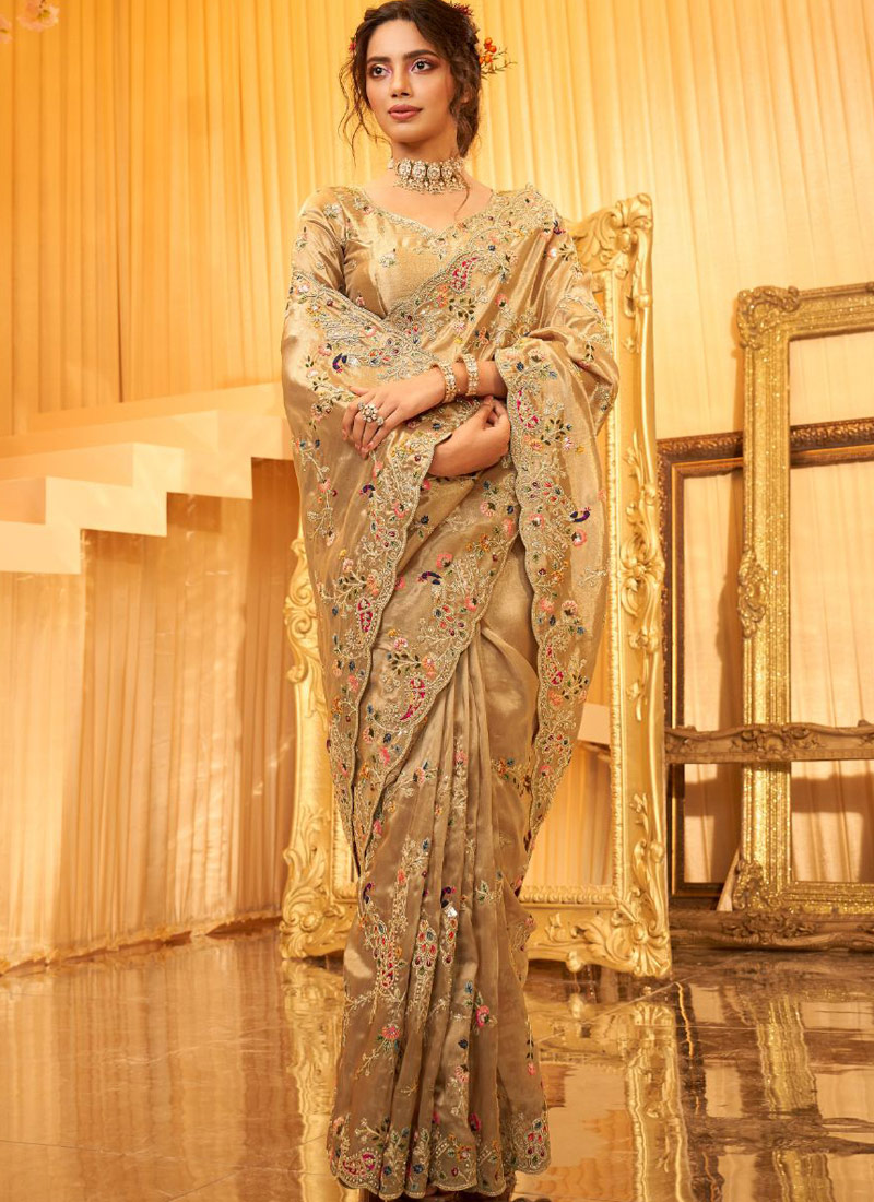 Golden Pure Giraffe Viscose Silk Heavy Work Wedding Saree