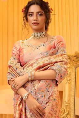 Orange Pure Giraffe Viscose Silk Heavy Work Wedding Saree