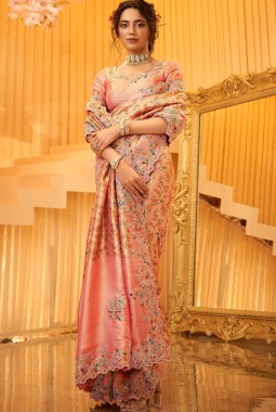 Orange Pure Giraffe Viscose Silk Heavy Work Wedding Saree